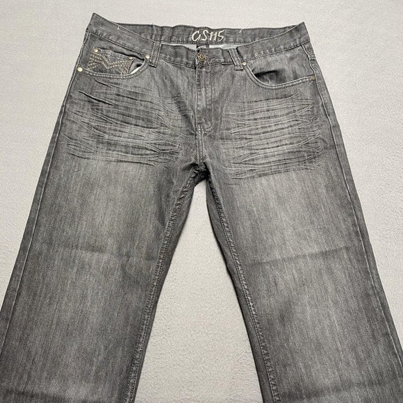 GS115 Jeans Mens 38 Gray Straight Leg Whiskered Denim Embroidered Back Pockets - Picture 3 of 13